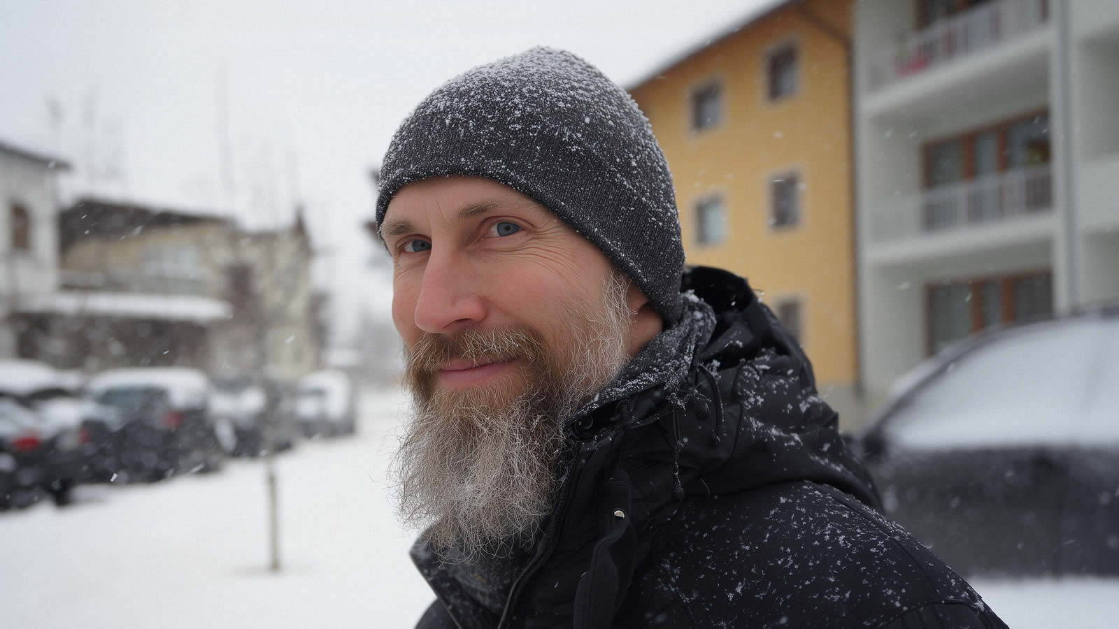 Mann mit Glatze und Mütze im Winter